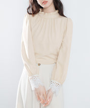 フリルスタンドカラーレース袖口ブラウスsdp0105 ベージュ