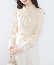 フリルスタンドカラーレース袖口ブラウスsdp0105 ベージュ