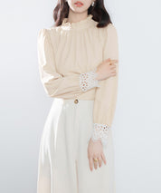 フリルスタンドカラーレース袖口ブラウスsdp0105 ベージュ