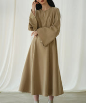 パール付きキーネックフレアワンピースsdp0106 ベージュ