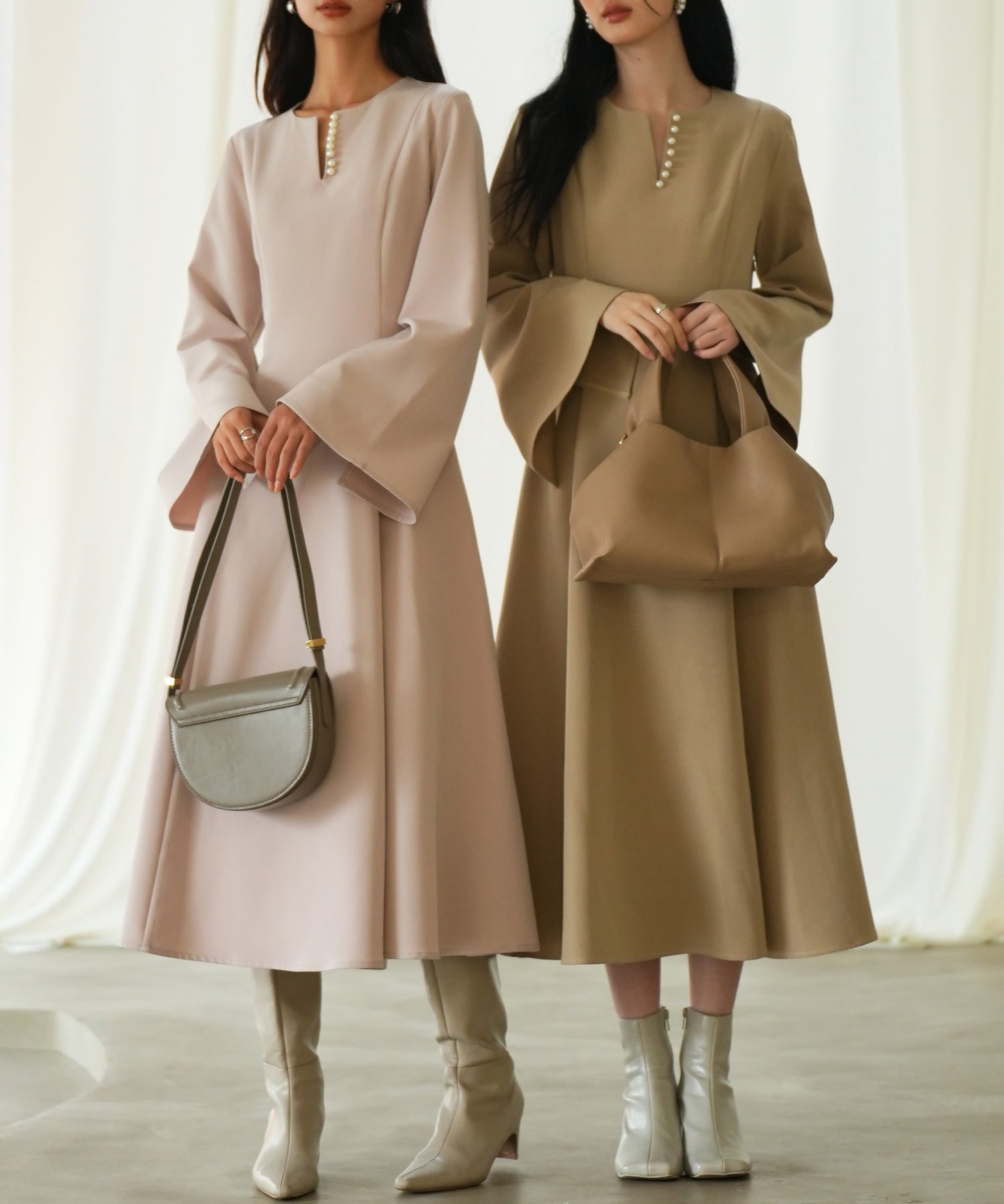 パール付きキーネックフレアワンピースsdp0106 ベージュ