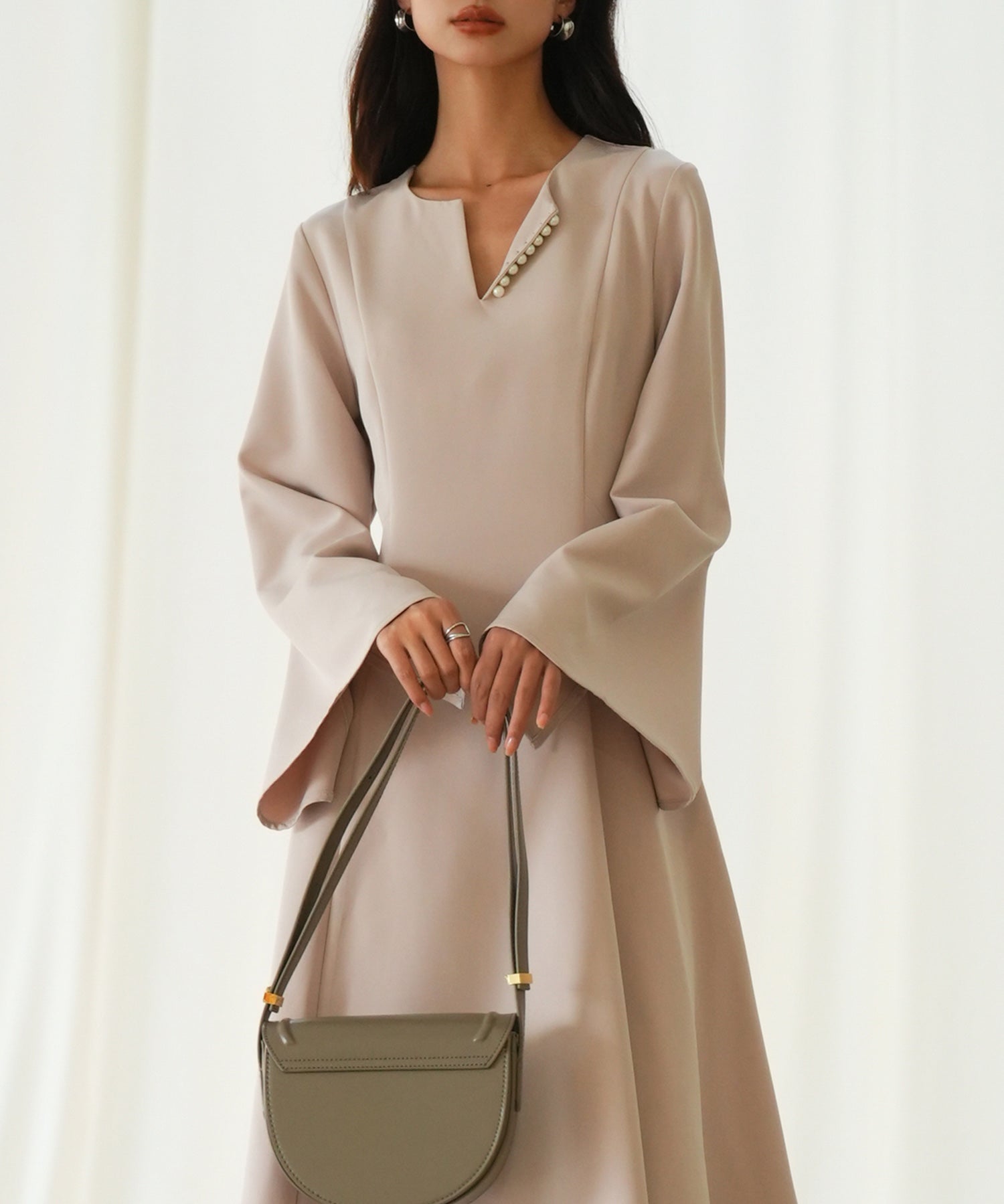 パール付きキーネックフレアワンピースsdp0106 ピンク