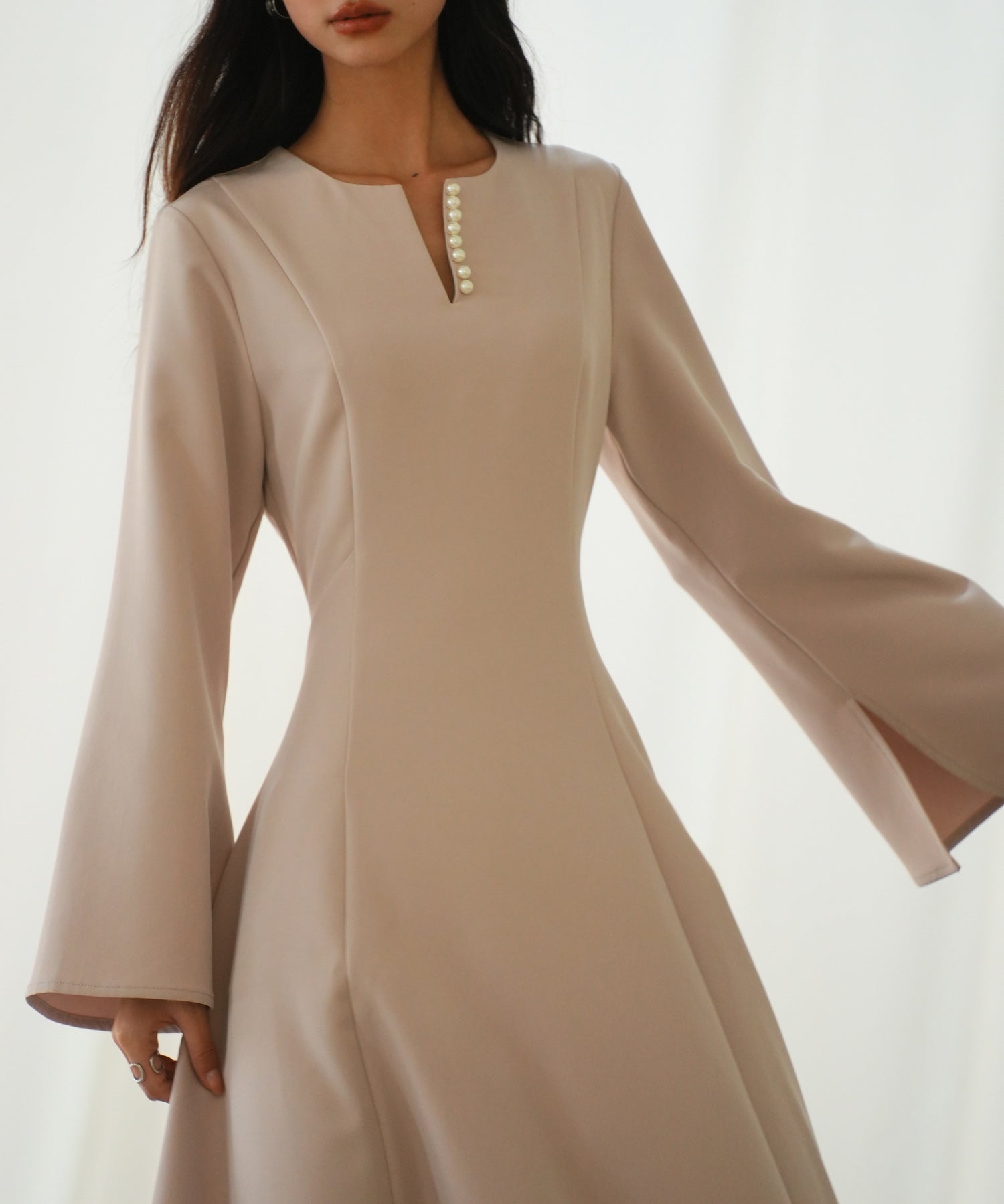 パール付きキーネックフレアワンピースsdp0106 ピンク