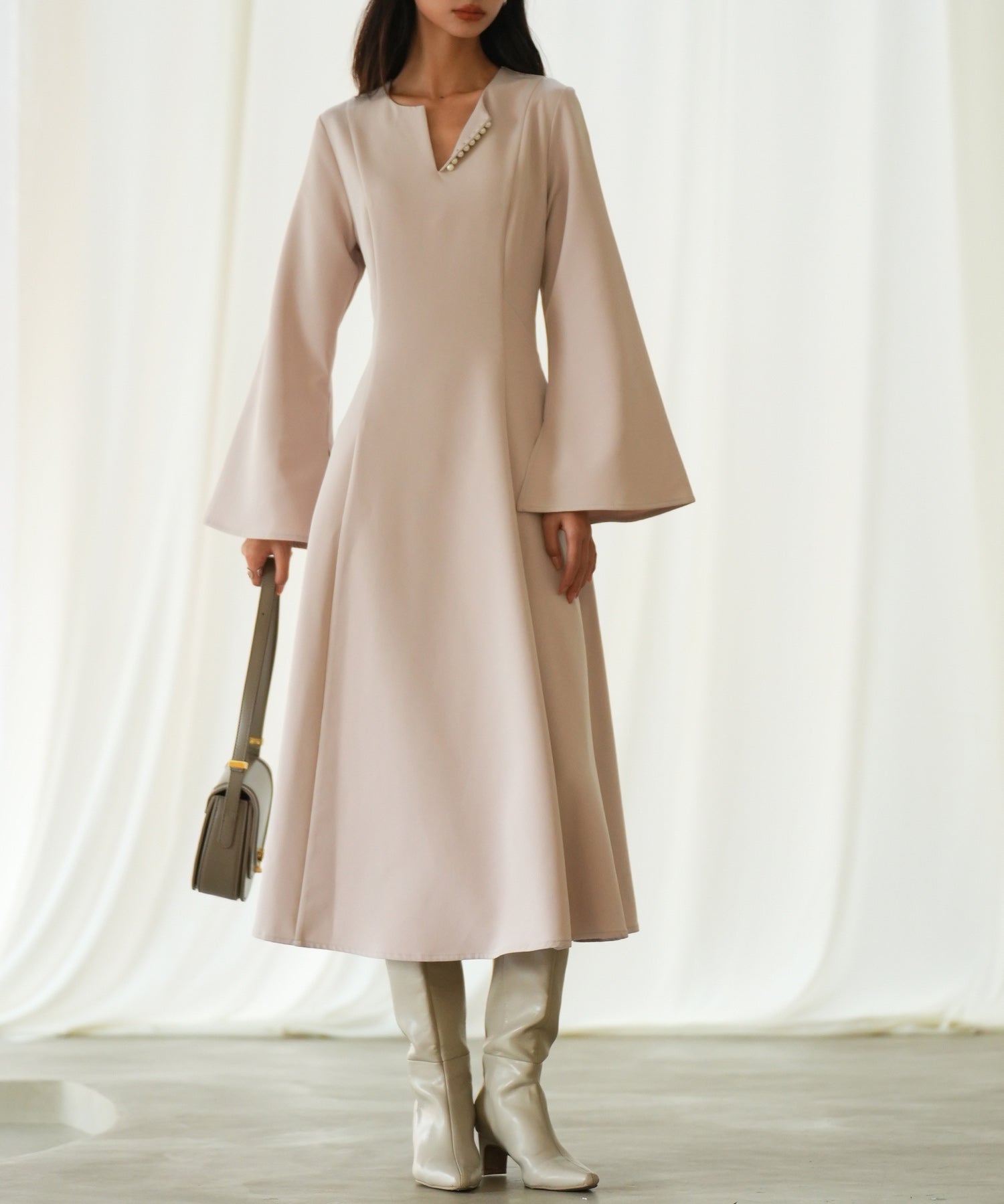 パール付きキーネックフレアワンピースsdp0106 ピンク