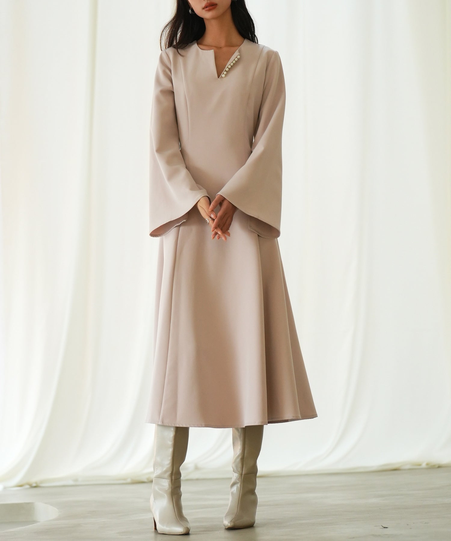 パール付きキーネックフレアワンピースsdp0106 ピンク