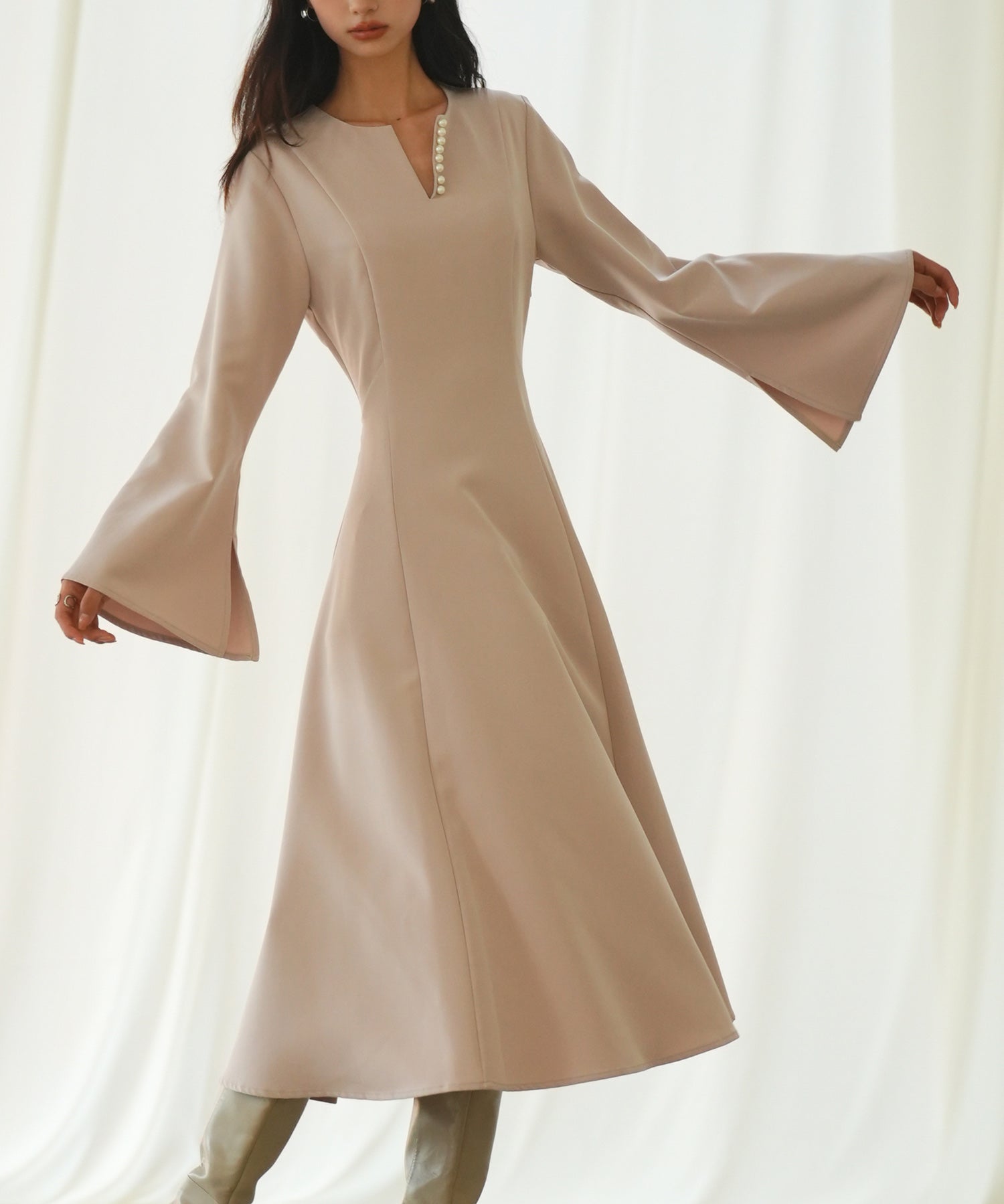 パール付きキーネックフレアワンピースsdp0106 ピンク