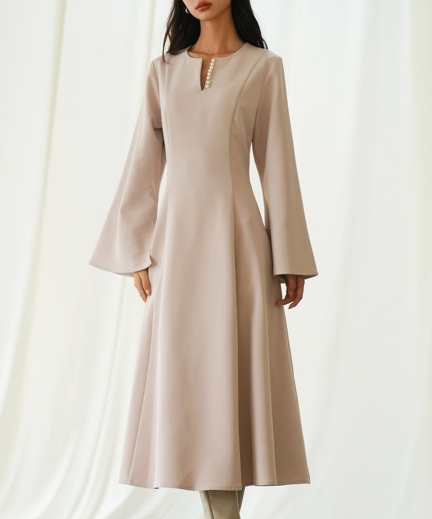 パール付きキーネックフレアワンピースsdp0106 ピンク