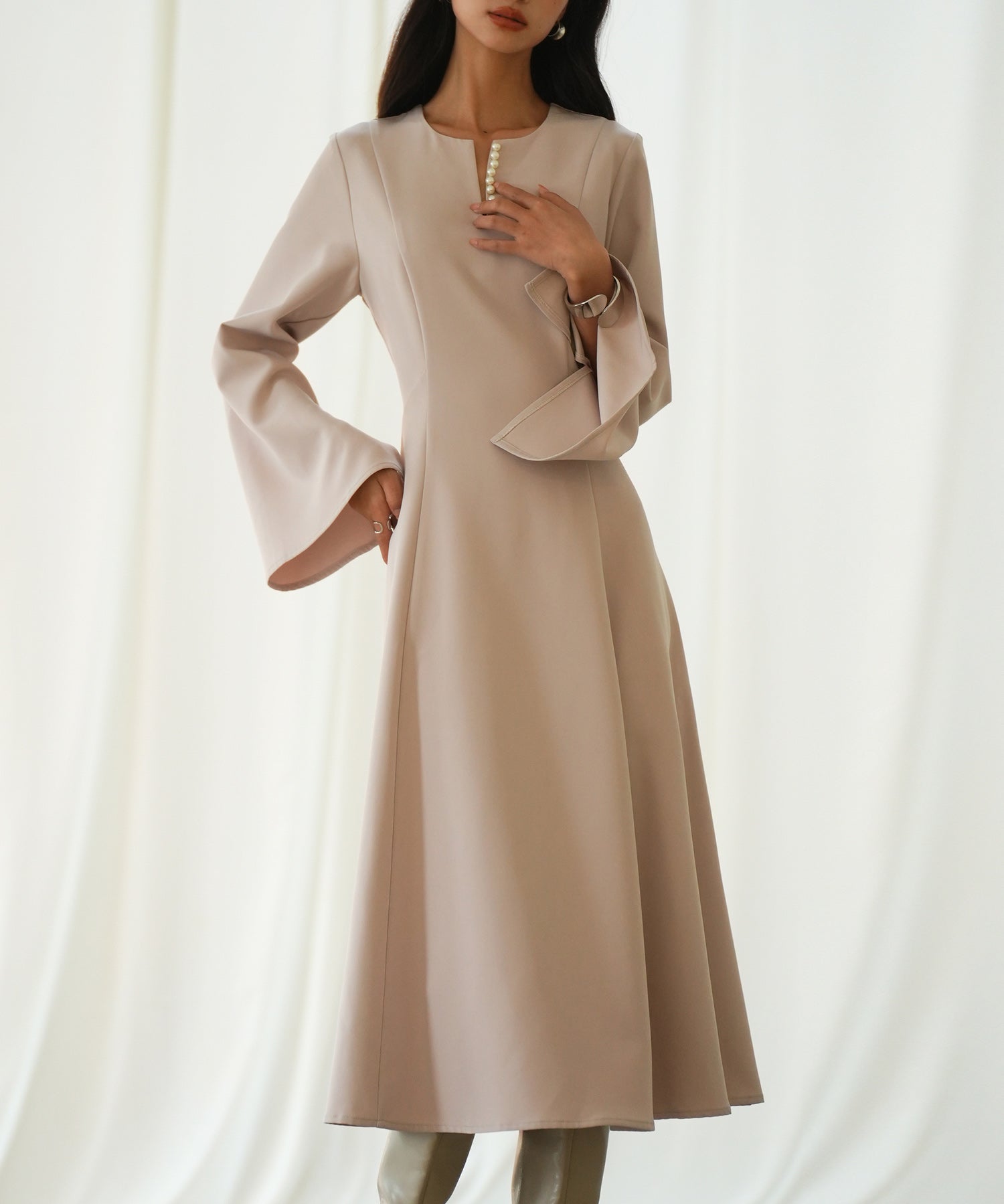 パール付きキーネックフレアワンピースsdp0106 ピンク