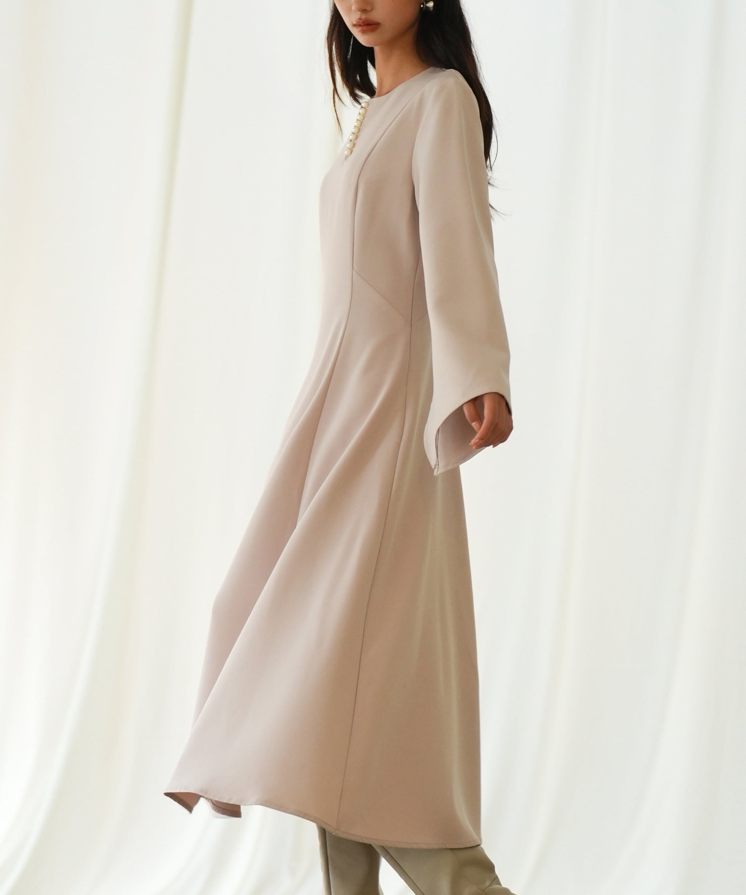 パール付きキーネックフレアワンピースsdp0106 ピンク