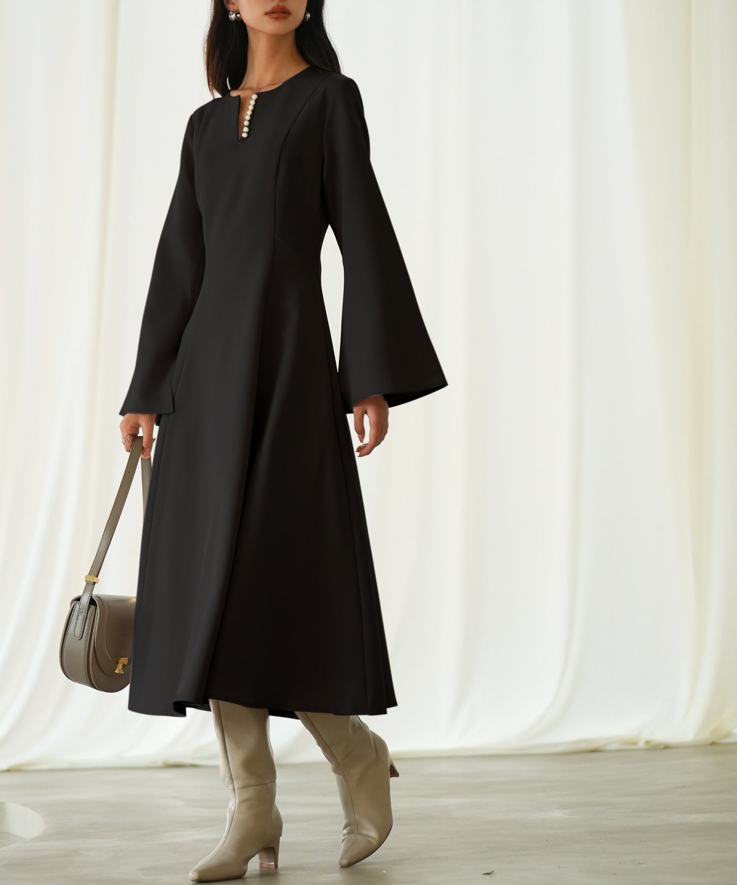 パール付きキーネックフレアワンピースsdp0106 ブラック