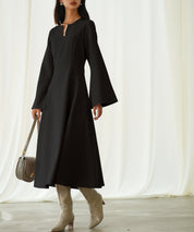 パール付きキーネックフレアワンピースsdp0106 ブラック