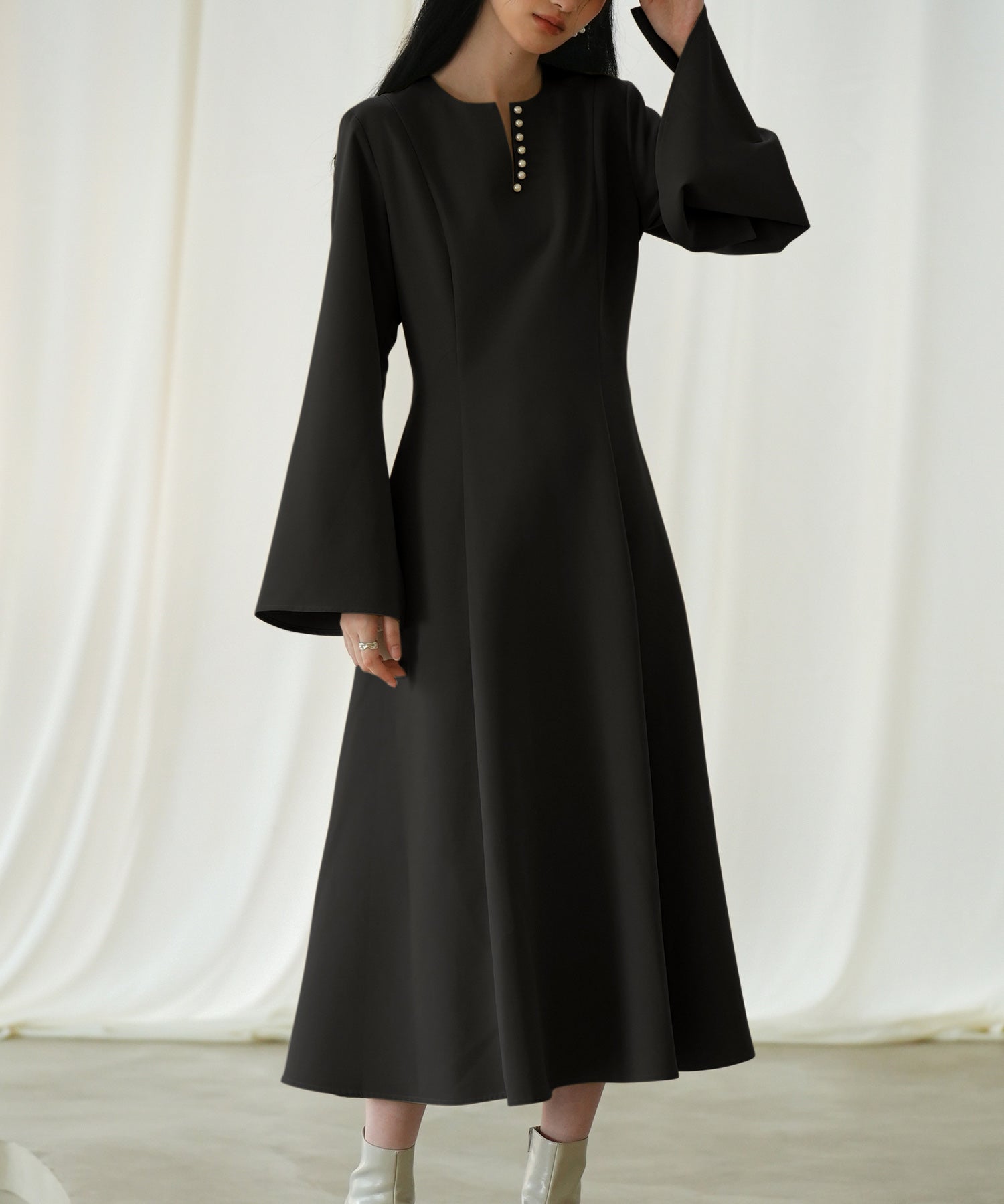 パール付きキーネックフレアワンピースsdp0106 ブラック