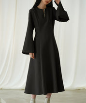 パール付きキーネックフレアワンピースsdp0106 ブラック