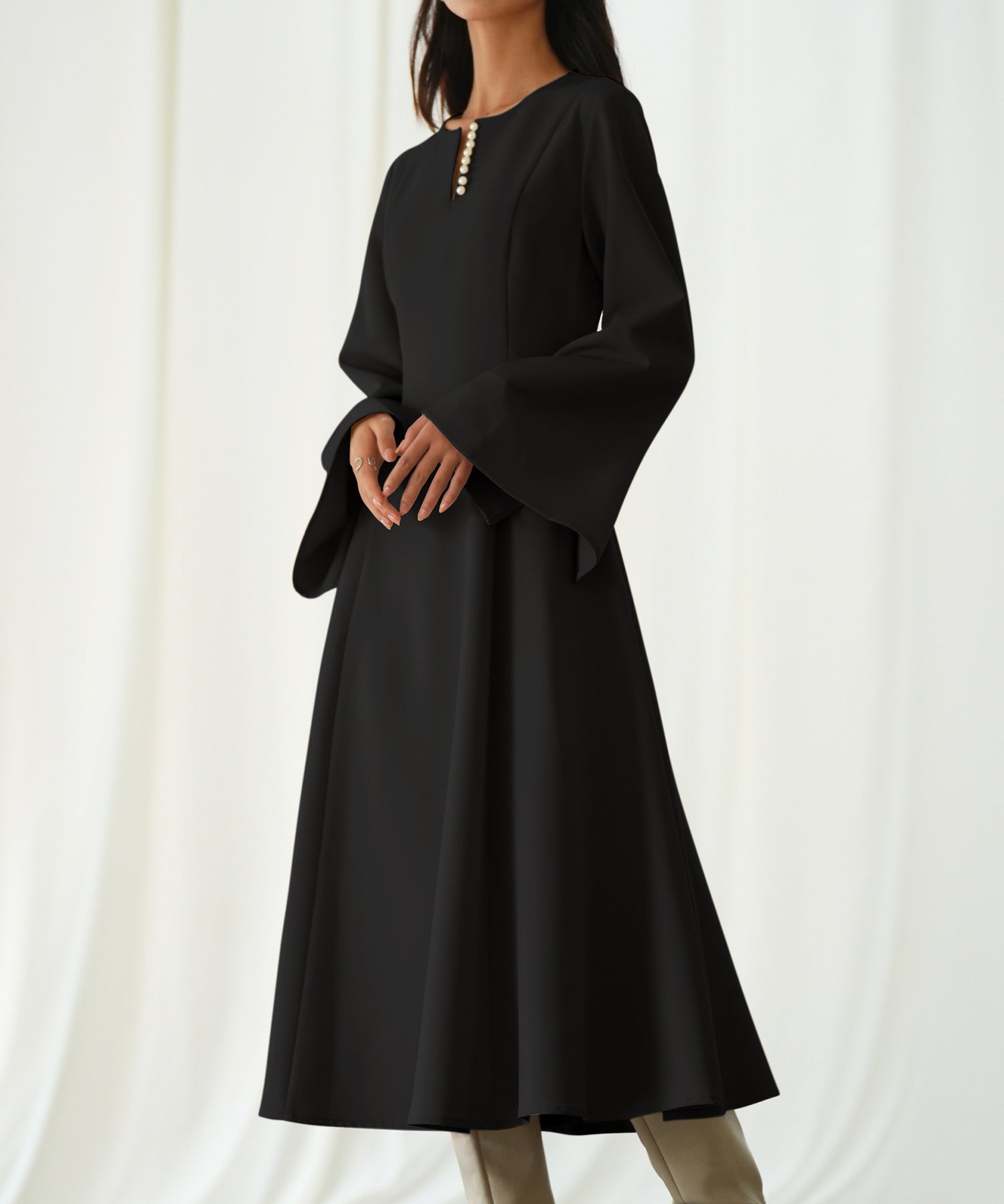 パール付きキーネックフレアワンピースsdp0106 ブラック