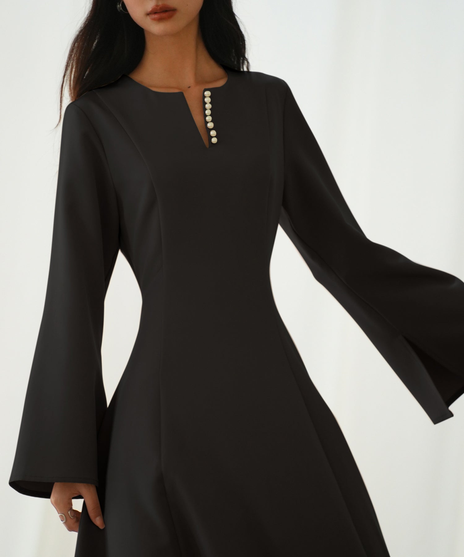 パール付きキーネックフレアワンピースsdp0106 ブラック