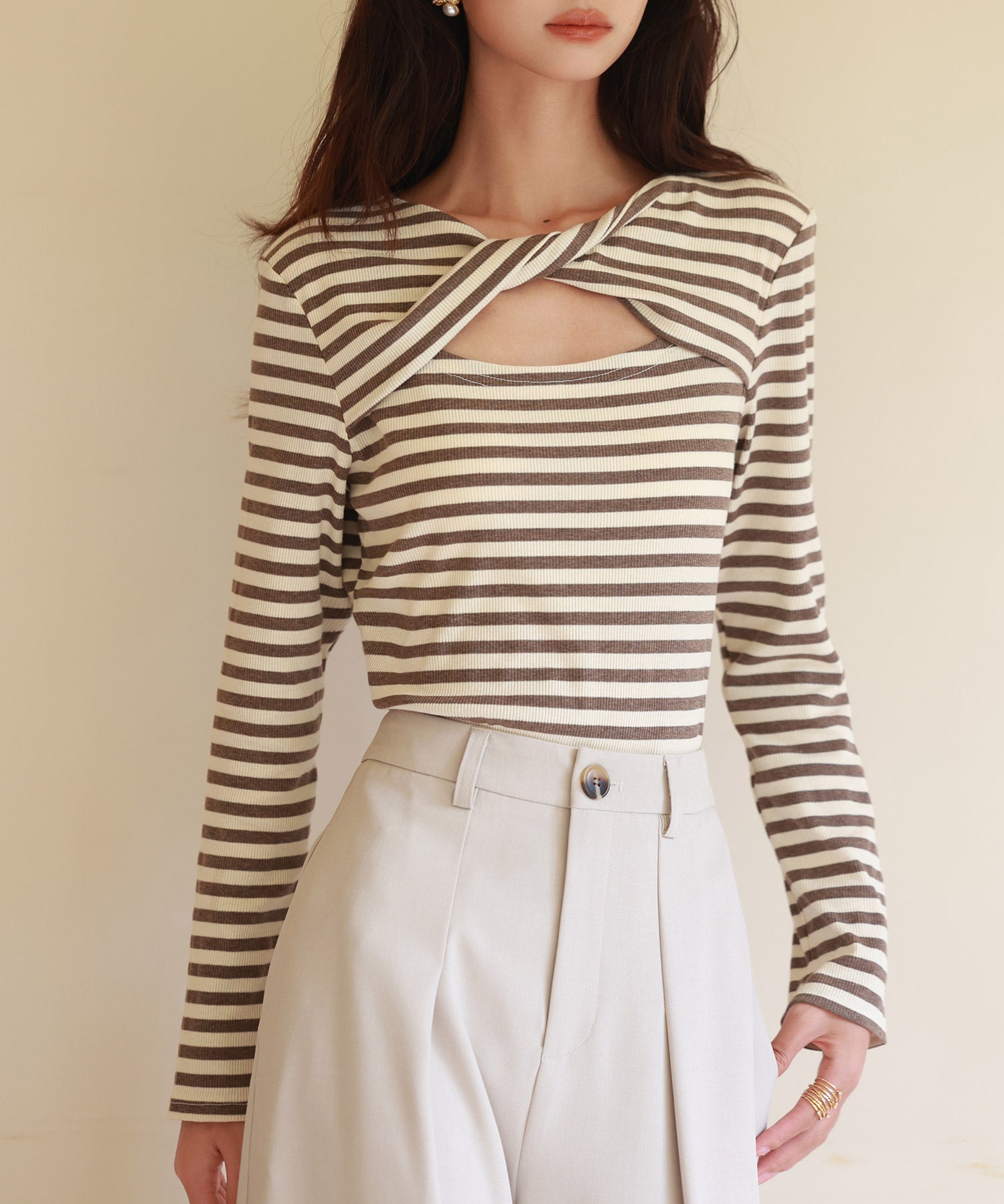 カットアウトボーダーカットソーsdp0107 ブラウン