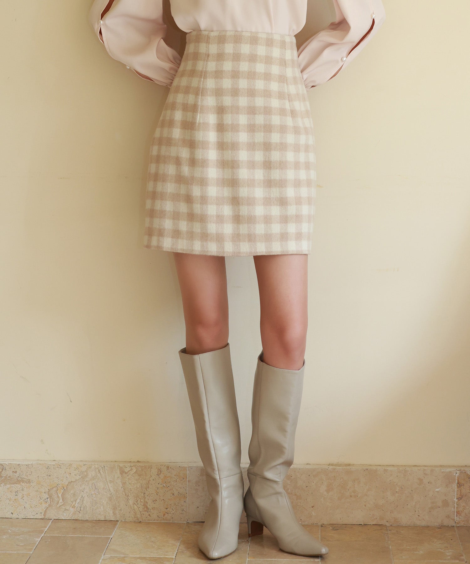 ウール混ハイウエストミニスカートsdp0108 ベージュ