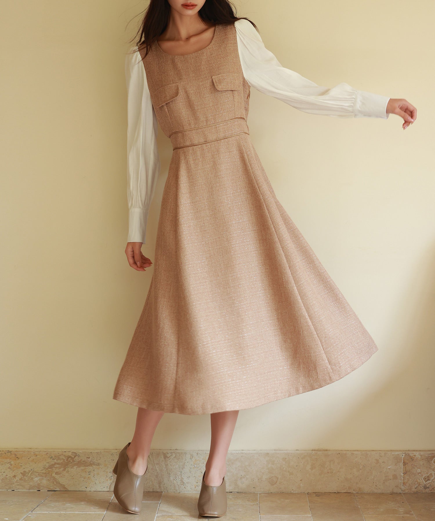 ラメツイードとシャツ袖がドッキングの異素材ワンピースsdp0111-102-17