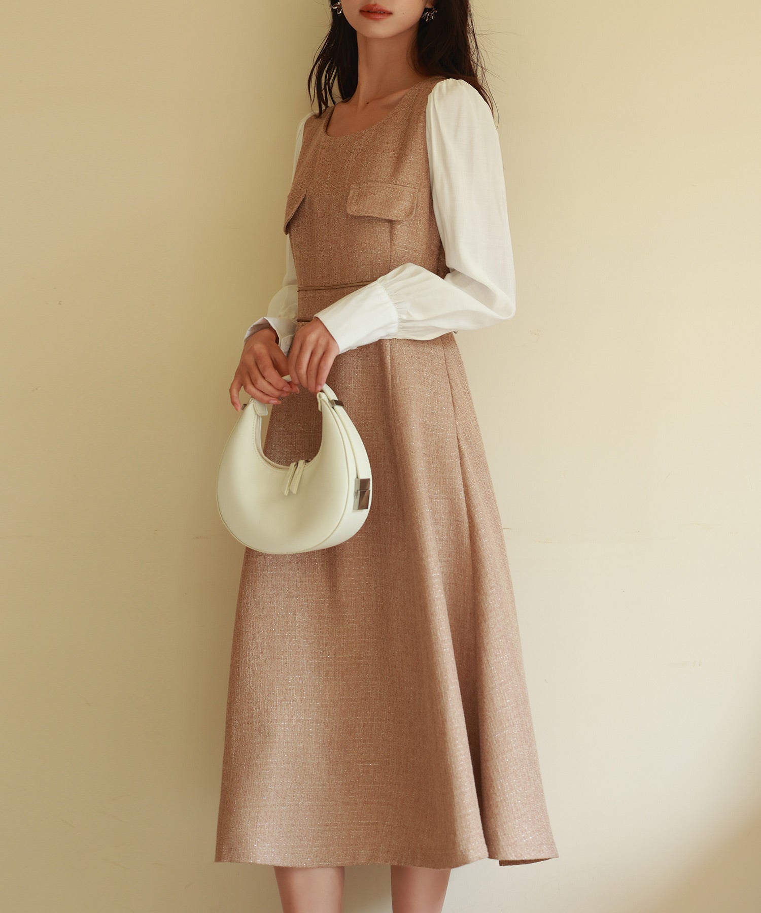 ラメツイードとシャツ袖がドッキングの異素材ワンピースsdp0111 ブラウン