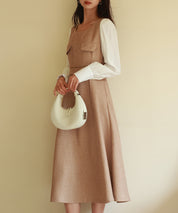 ラメツイードとシャツ袖がドッキングの異素材ワンピースsdp0111 ブラウン