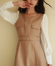 ラメツイードとシャツ袖がドッキングの異素材ワンピースsdp0111 ブラウン