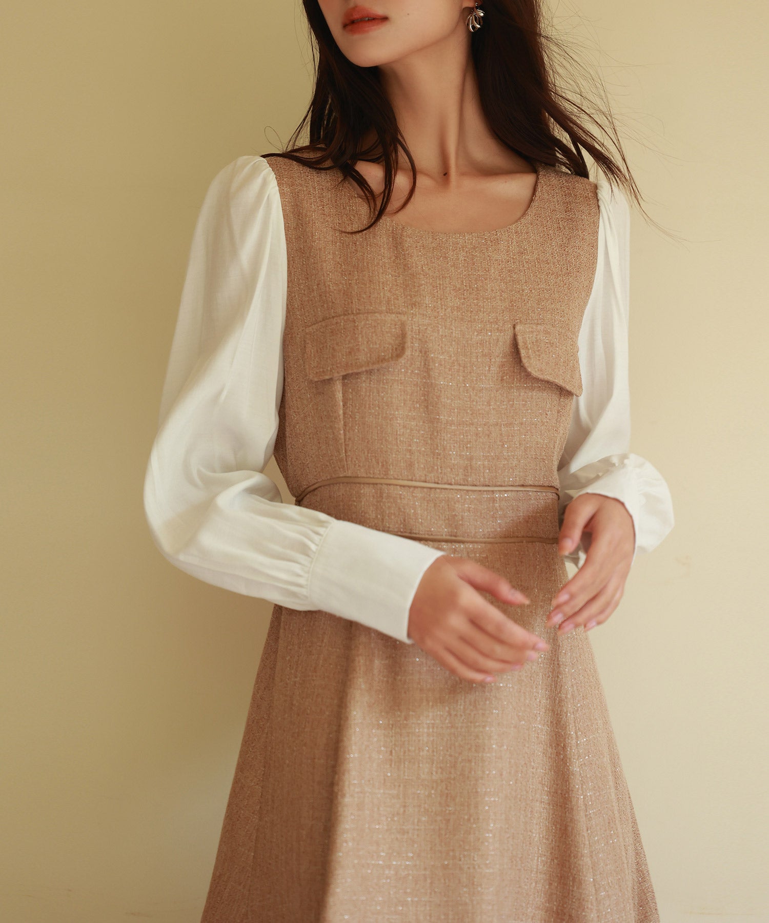 ラメツイードとシャツ袖がドッキングの異素材ワンピースsdp0111 ブラウン