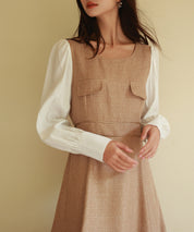 ラメツイードとシャツ袖がドッキングの異素材ワンピースsdp0111 ブラウン