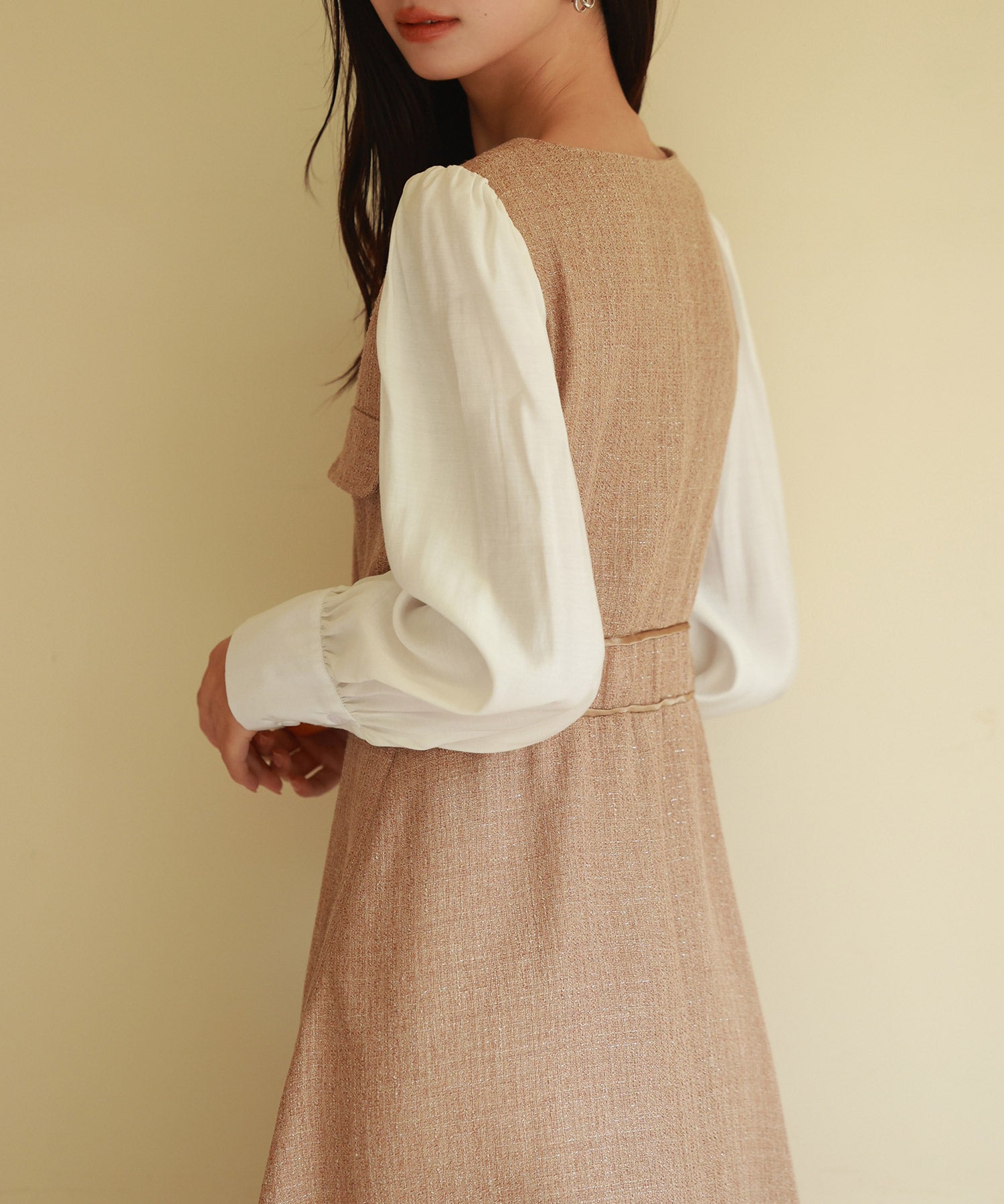 ラメツイードとシャツ袖がドッキングの異素材ワンピースsdp0111 ブラウン