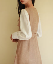 ラメツイードとシャツ袖がドッキングの異素材ワンピースsdp0111 ブラウン