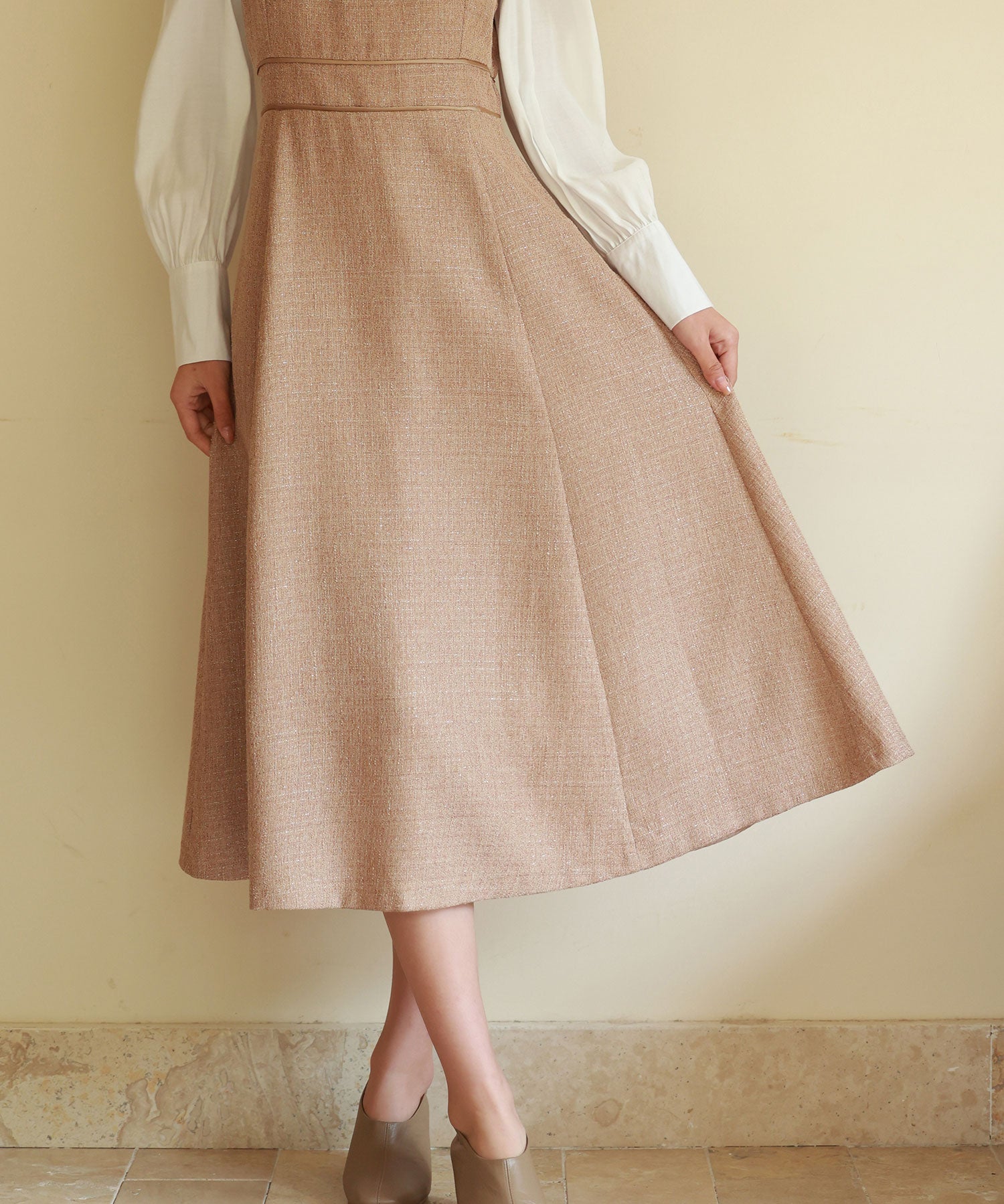 ラメツイードとシャツ袖がドッキングの異素材ワンピースsdp0111 ブラウン