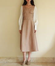 ラメツイードとシャツ袖がドッキングの異素材ワンピースsdp0111 ブラウン