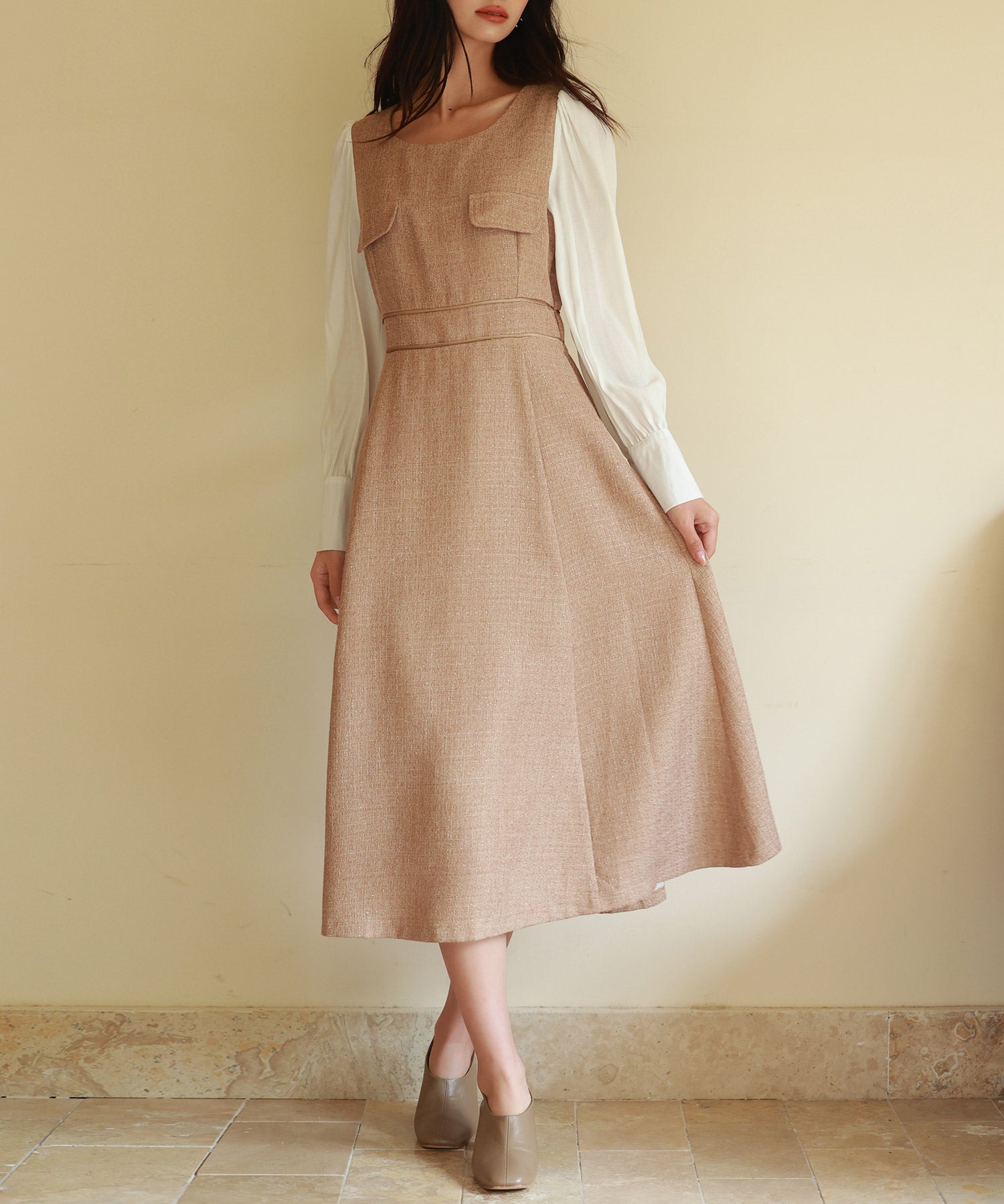 ラメツイードとシャツ袖がドッキングの異素材ワンピースsdp0111 ブラウン