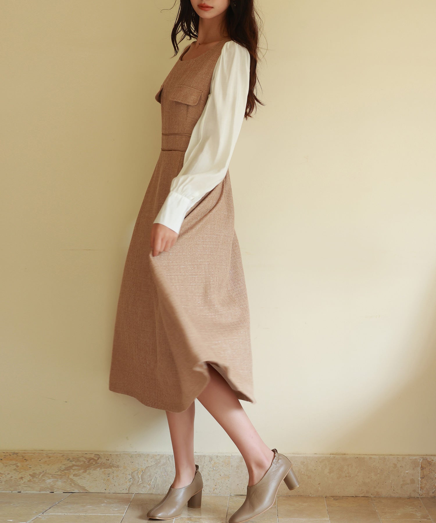 ラメツイードとシャツ袖がドッキングの異素材ワンピースsdp0111 ブラウン