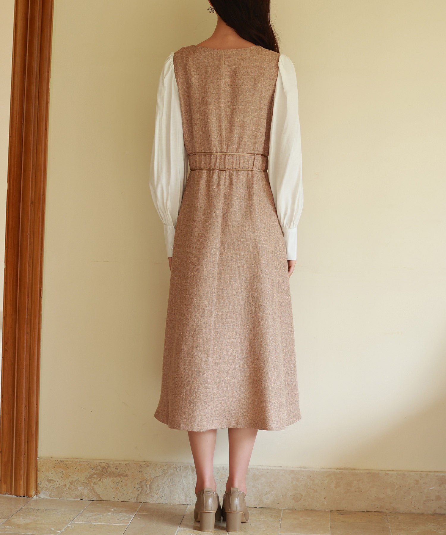 ラメツイードとシャツ袖がドッキングの異素材ワンピースsdp0111 ブラウン