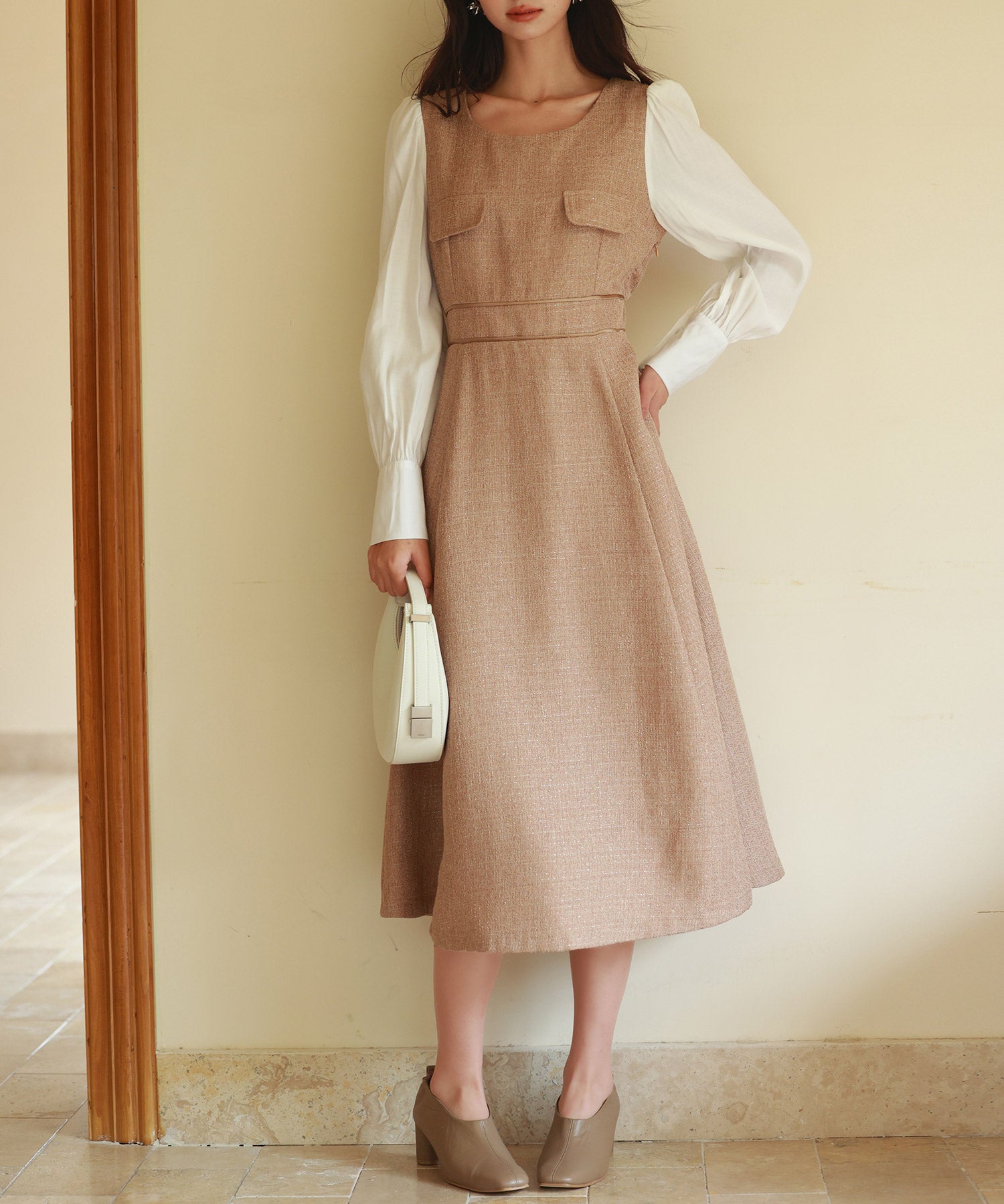 ラメツイードとシャツ袖がドッキングの異素材ワンピースsdp0111 ブラウン