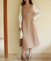 ラメツイードとシャツ袖がドッキングの異素材ワンピースsdp0111 ブラウン