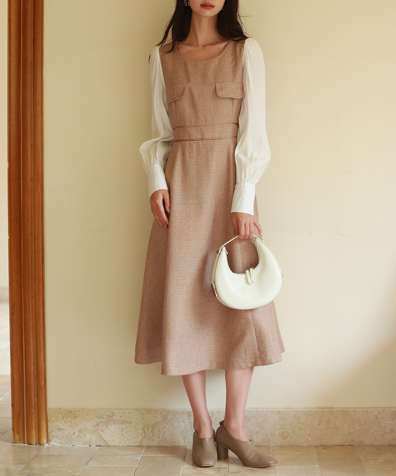 ラメツイードとシャツ袖がドッキングの異素材ワンピースsdp0111 ブラウン