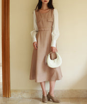 ラメツイードとシャツ袖がドッキングの異素材ワンピースsdp0111 ブラウン