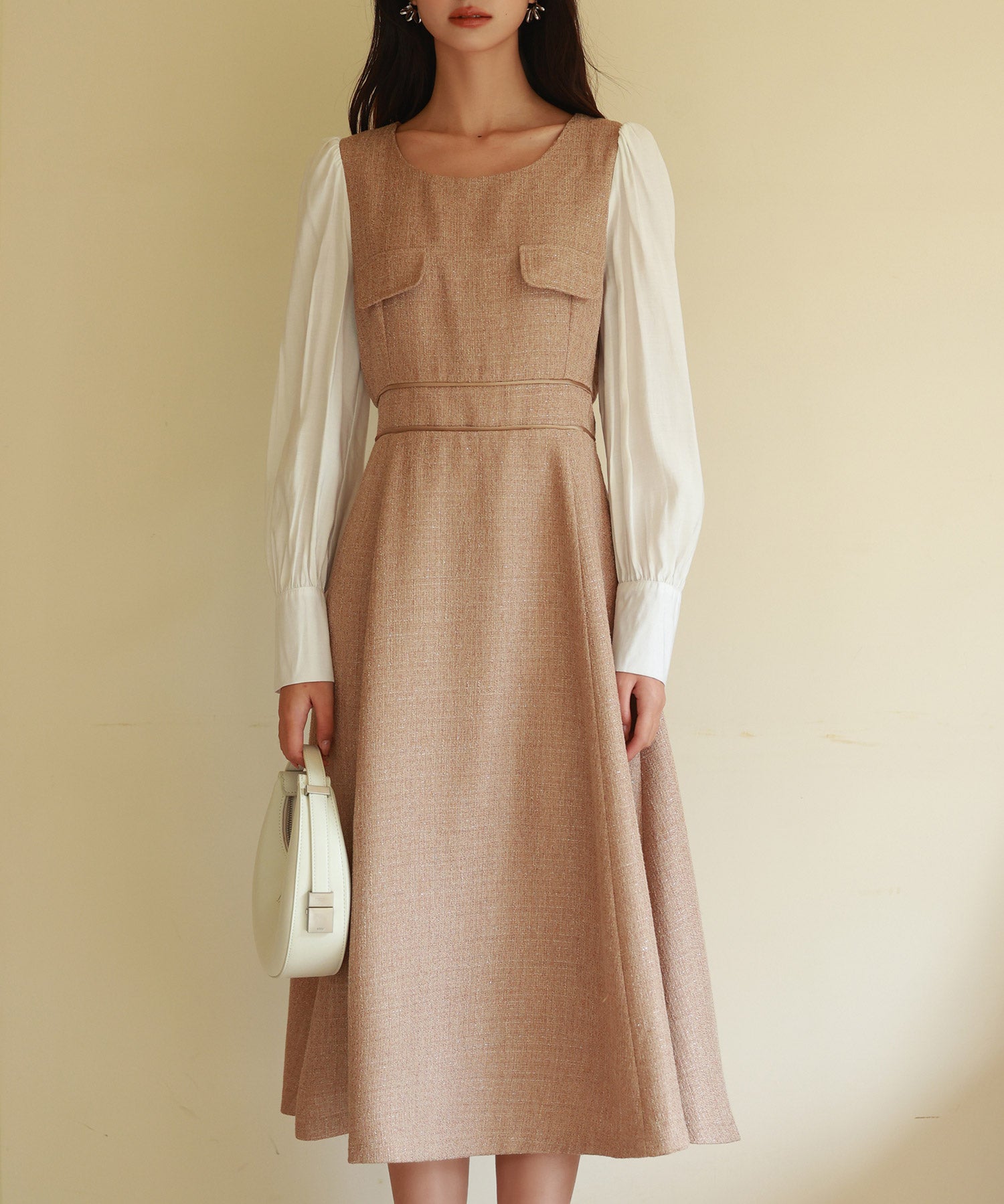 ラメツイードとシャツ袖がドッキングの異素材ワンピースsdp0111 ブラウン