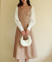 ラメツイードとシャツ袖がドッキングの異素材ワンピースsdp0111 ブラウン