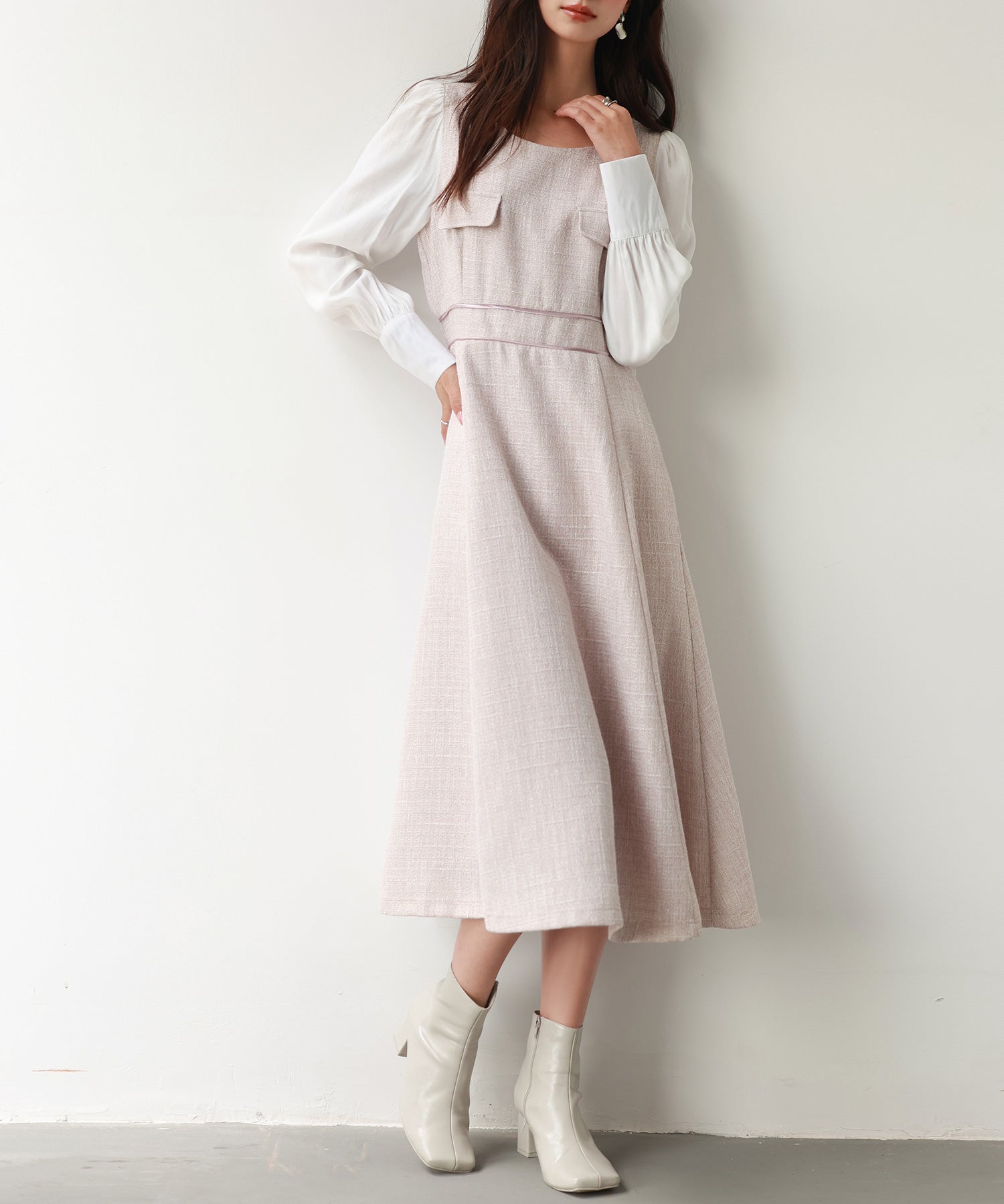 ラメツイードとシャツ袖がドッキングの異素材ワンピースsdp0111-102-26