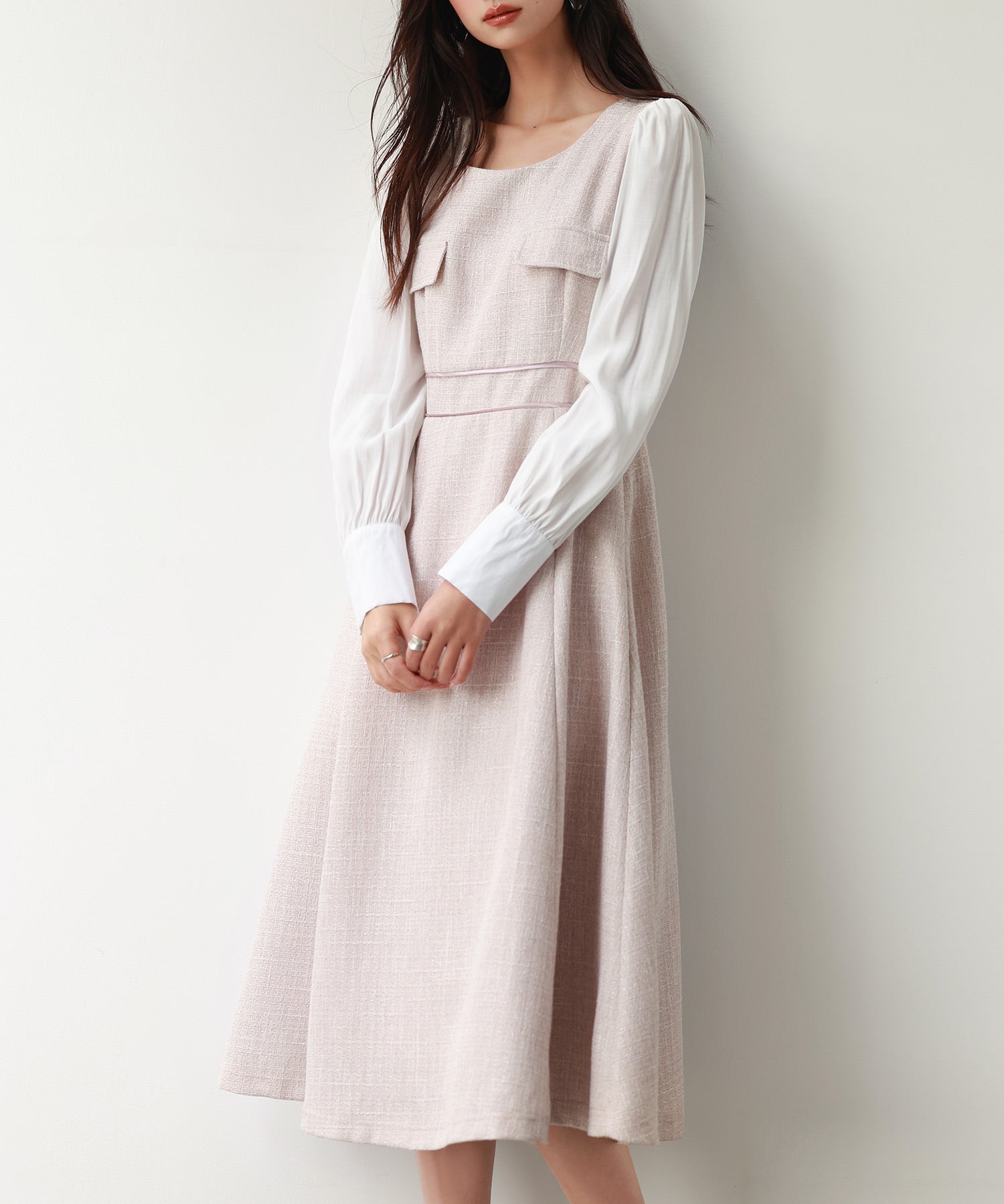 ラメツイードとシャツ袖がドッキングの異素材ワンピースsdp0111 ピンク