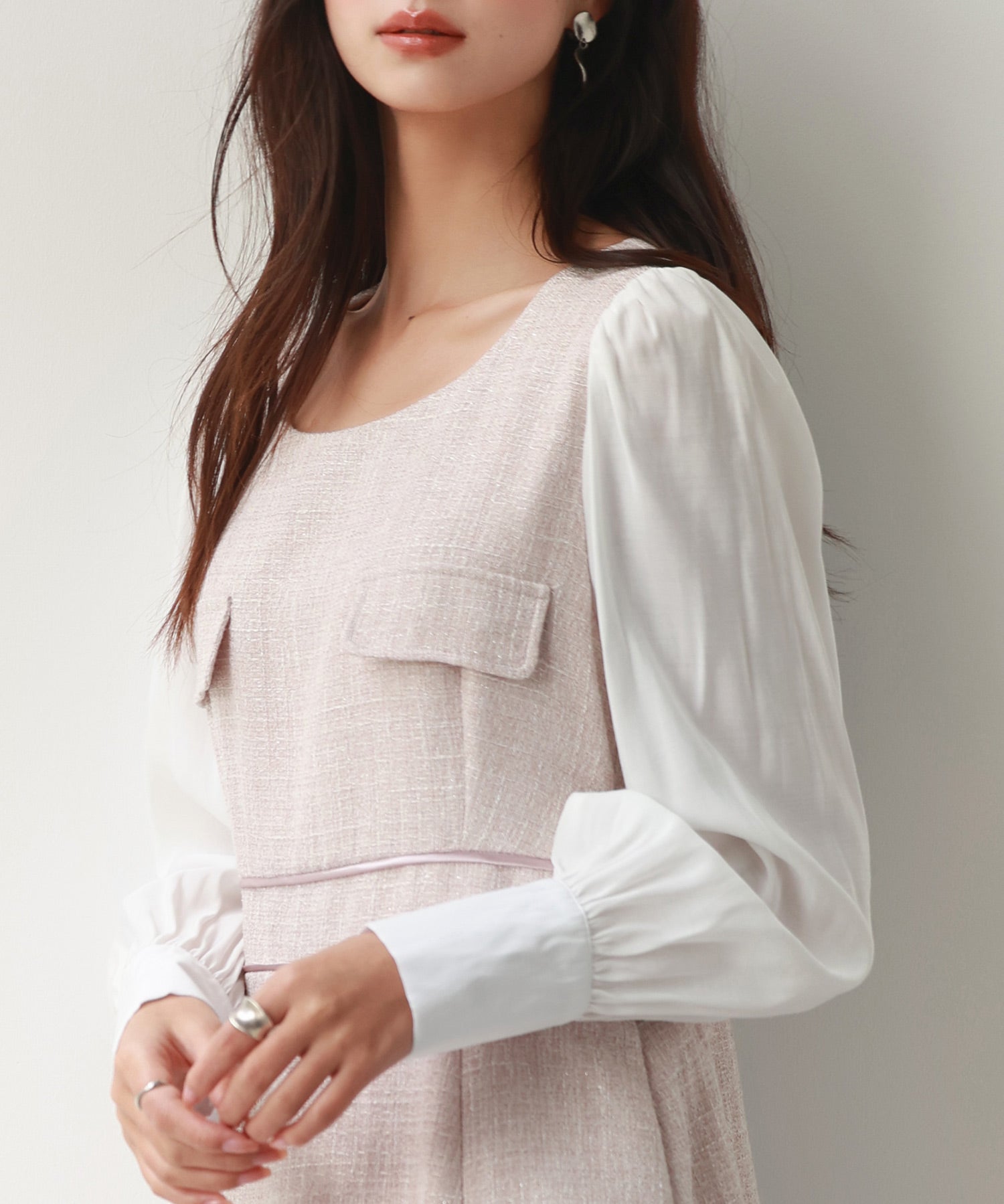 ラメツイードとシャツ袖がドッキングの異素材ワンピースsdp0111 ピンク