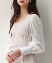 ラメツイードとシャツ袖がドッキングの異素材ワンピースsdp0111 ピンク