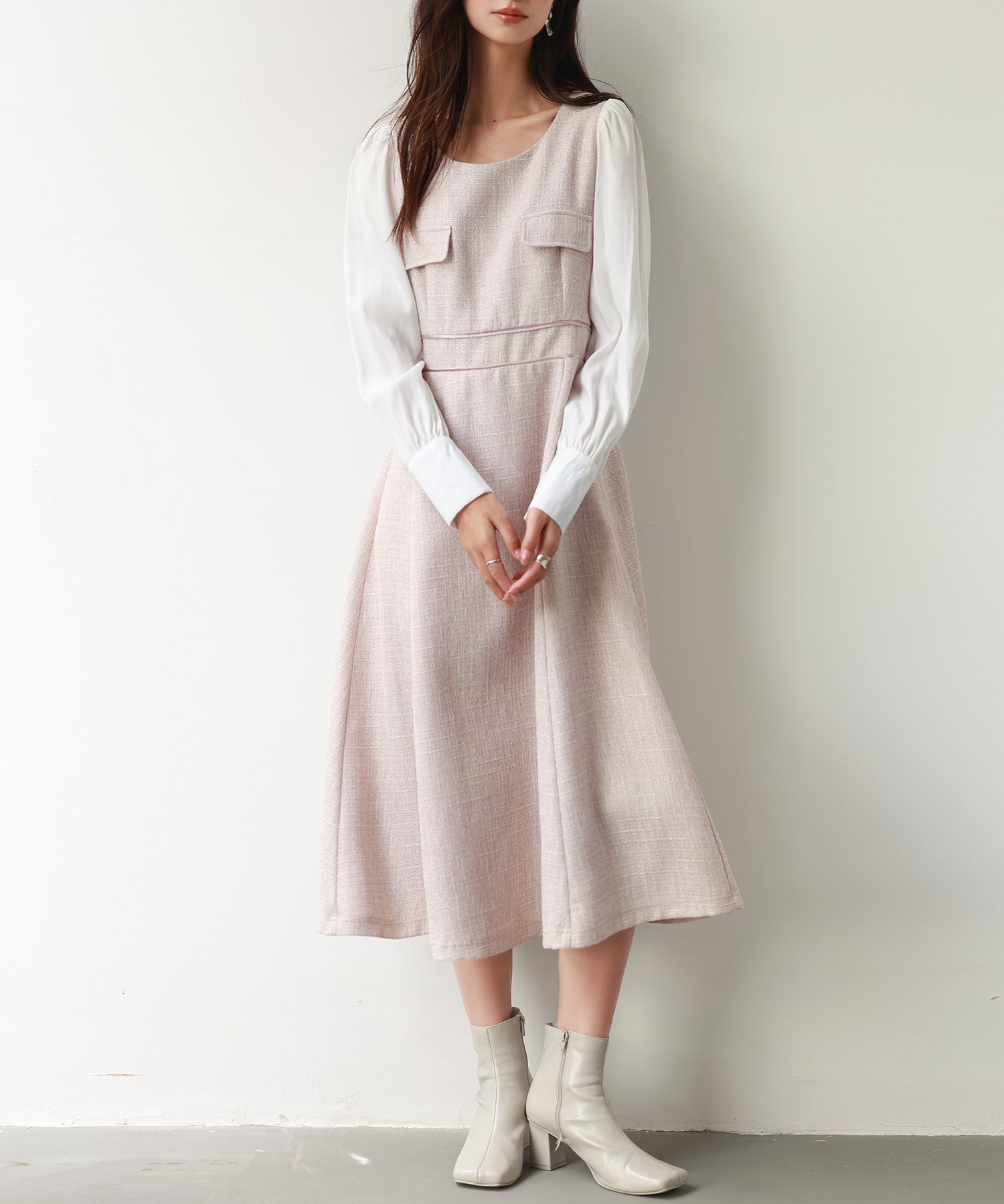 ラメツイードとシャツ袖がドッキングの異素材ワンピースsdp0111 ピンク