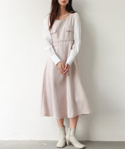 ラメツイードとシャツ袖がドッキングの異素材ワンピースsdp0111 ピンク