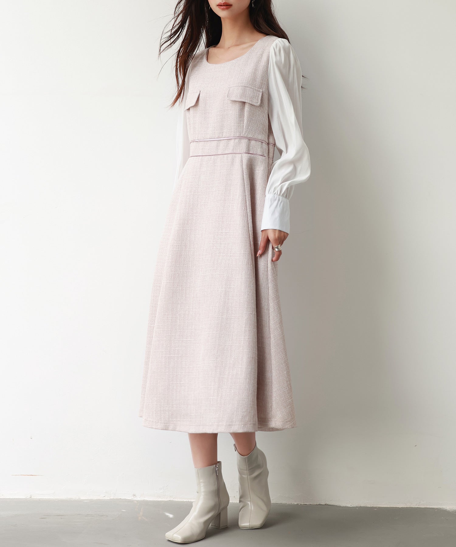 ラメツイードとシャツ袖がドッキングの異素材ワンピースsdp0111 ピンク