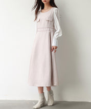 ラメツイードとシャツ袖がドッキングの異素材ワンピースsdp0111 ピンク