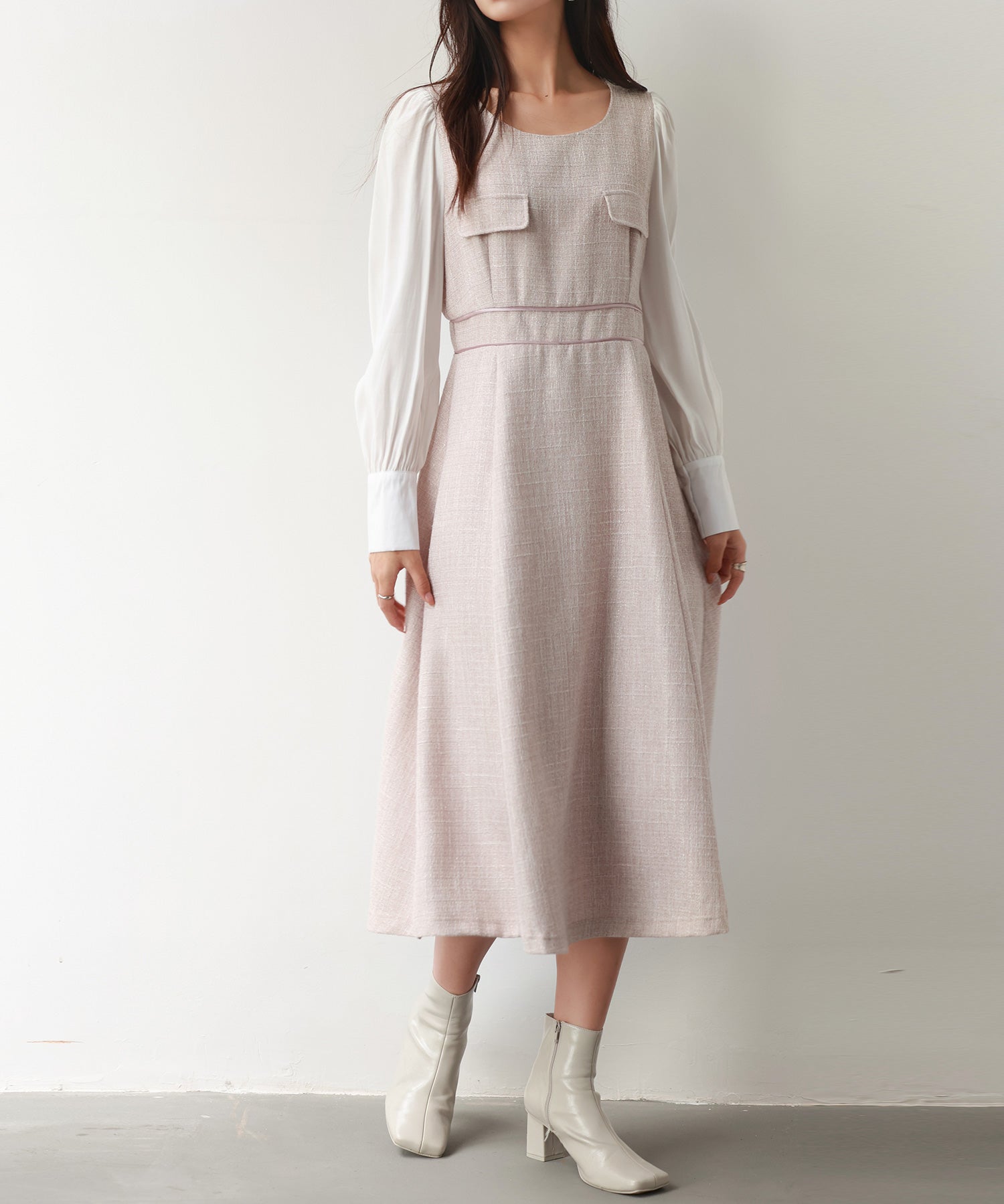 ラメツイードとシャツ袖がドッキングの異素材ワンピースsdp0111 ピンク