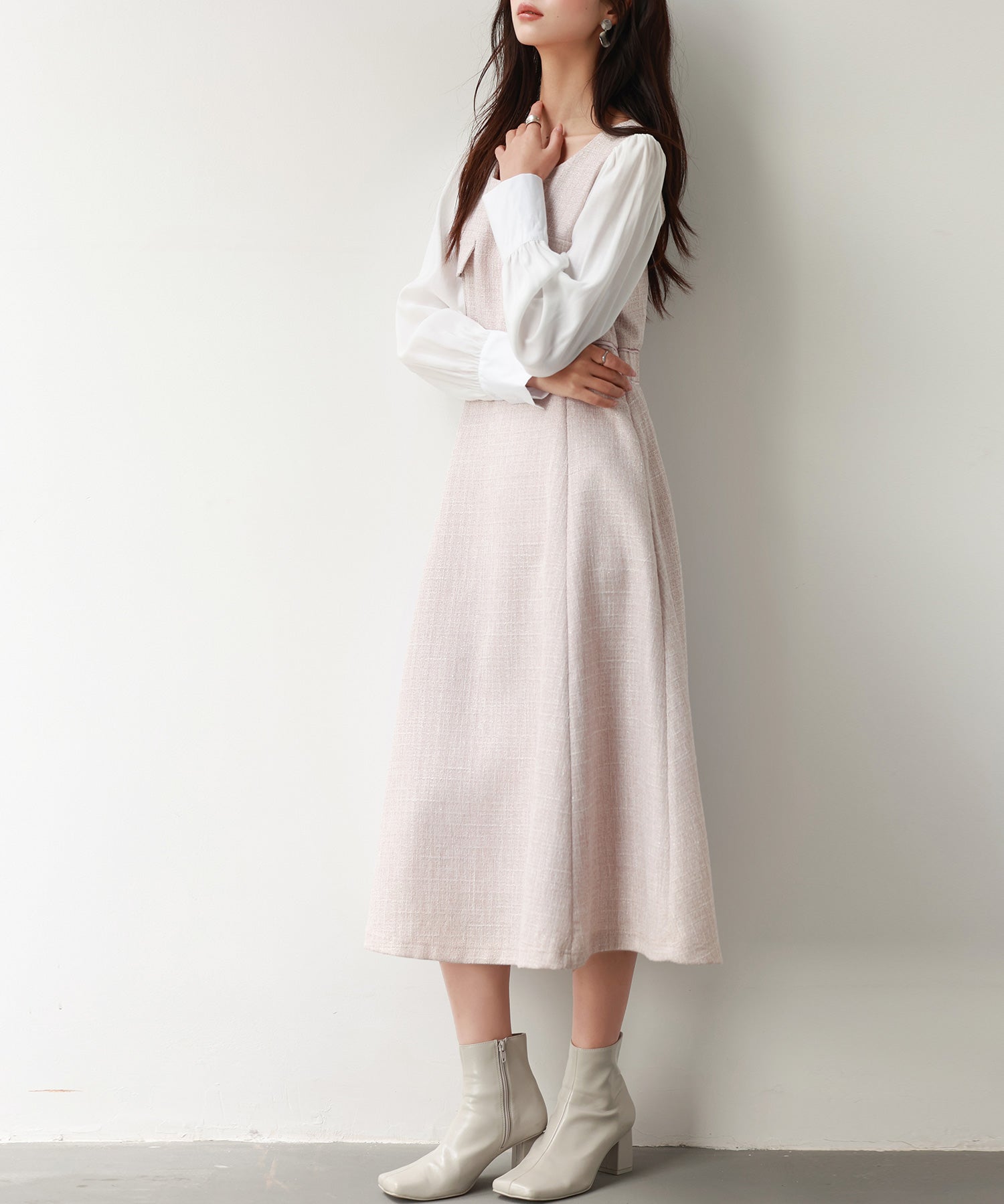 ラメツイードとシャツ袖がドッキングの異素材ワンピースsdp0111 ピンク